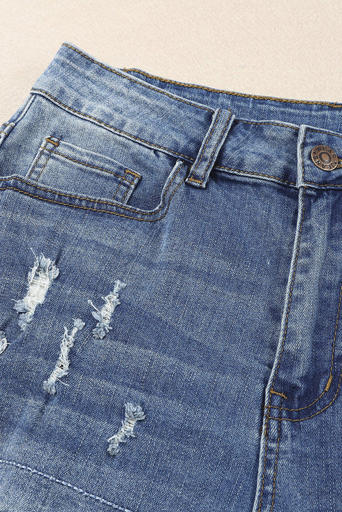 Sky Blue Cherry Blossom Pattern Splicing Mid Waist Distressed Jeans